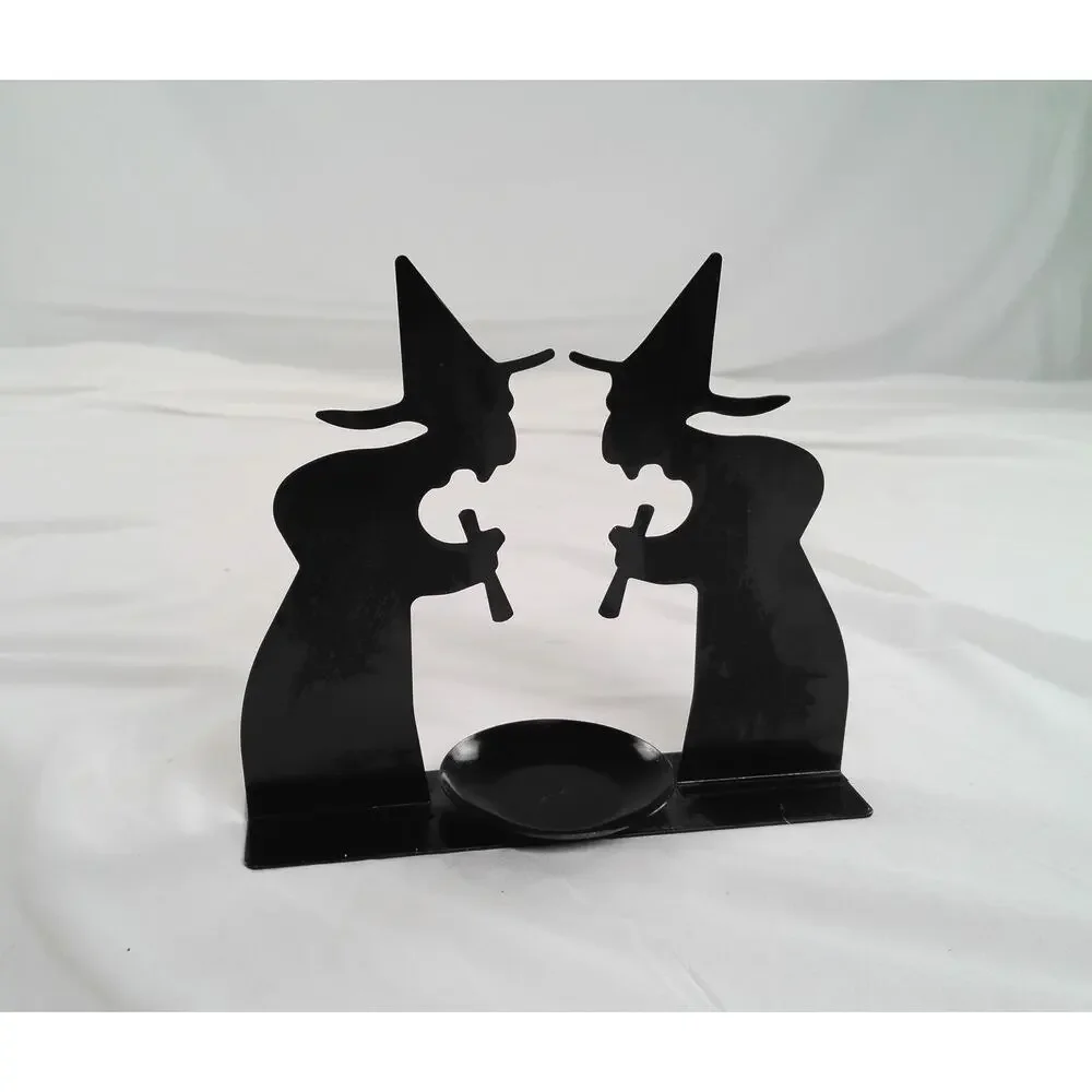 Black Metal Double Witch Tealight Candle Holder Halloween Décor